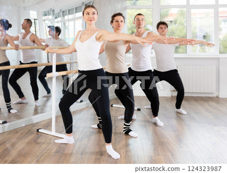 Group of dancers doing plie at barre 124323987