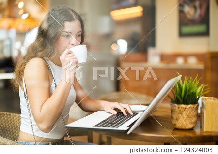 Young woman working at a laptop in a cafe 124324003