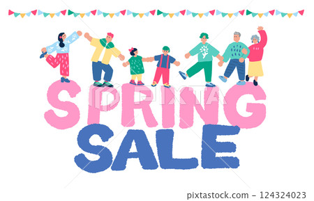A pop, colorful, hand-drawn illustration of people enjoying spring and the lettering Spring Sale 124324023