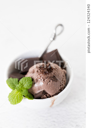 Chocolate ice cream with mint leaves. 124324340
