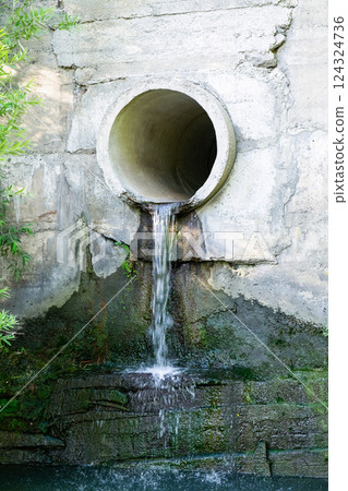 Dirty sewage flows into a lake or river through a large concrete pipe. Vertical photo Dirty sewage flows into a lake or river through a large concrete pipe. Vertical photo 124324736