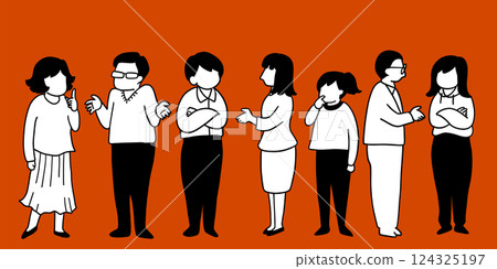 Line art illustration of various people discussing and asking questions 124325197