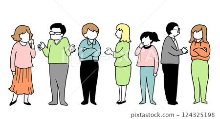 Colored line drawing illustration of various people discussing and asking questions 124325198