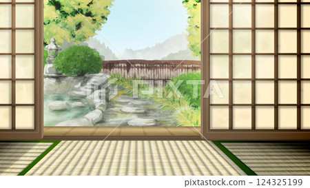 從日式房間看到的日式花園的插圖 124325199