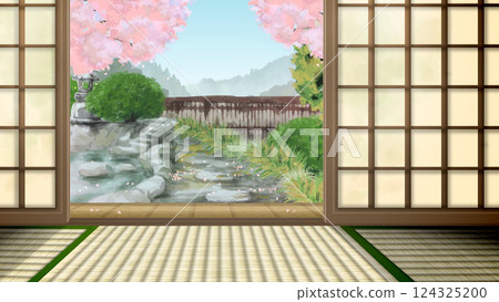 從日式房間欣賞盛開的櫻花的日式花園的插圖 124325200