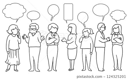 Line drawing illustration of various people talking with speech bubbles 124325201