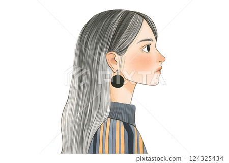 一位女性的側面插圖。自然美景與輕鬆氛圍 124325434