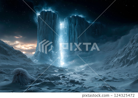 Mysterious light shining into the great ice canyon 124325472