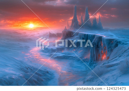 A fantastical landscape of the morning glow on the frozen ground 124325473