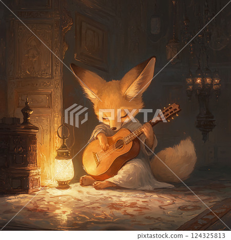 Fennec fox playing guitar by lamplight 124325813