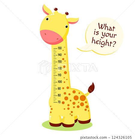 Height chart with cute baby giraffe. Kids meter with cartoon animal. Inscription - What is your height? Meter wall or baby scale of growth. Vector EPS8 124326105