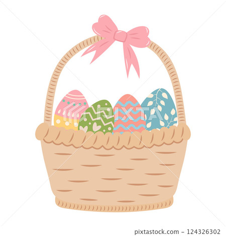 Cute basket with Easter eggs and bow isolated on white background. Cute basket with Easter eggs and bow isolated on white background. 124326302