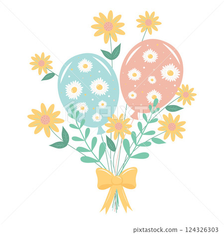 Bouquet of balloons, daisies and twigs with a bow isolated on white background. Bouquet of balloons, daisies and twigs with a bow isolated on white background. 124326303