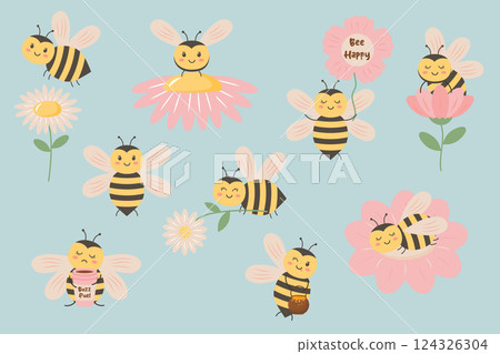 Set of cute bee in different poses. Collection of cartoon bees and chamomiles, flowers and other elements. Set of cute bee in different poses. Collection of cartoon bees and chamomiles, flowers and other elements. 124326304