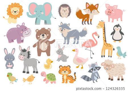 Set of cute animals. Forest, farm and tropical animals in cartoon style. Ideal kids design, for fabric, wrapping, textile, wallpaper, apparel 124326335