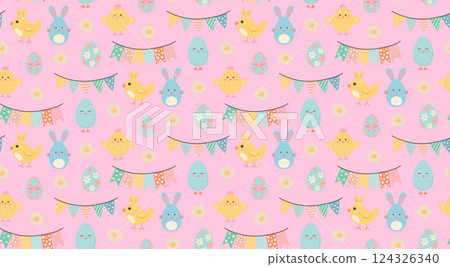 Easter eggs, chicks, daisies and flag garlands seamless pattern. Cute pastel blue print. 124326340