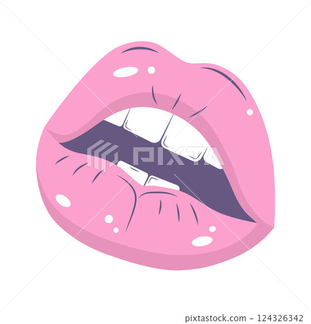 Female lips. Open mouth with teeth. Cartoon flat illustration. 124326342