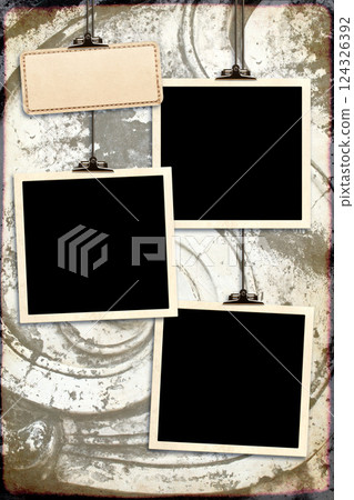 Retro Photo hanging on paper clip on paper backdrop. Nostalgic Picture album with old photoframes for cherished memories, creating a unique display. Moodboard pictures album. Vintage style mood board Retro Photo hanging on paper clip on paper backdrop. Nostalgic Picture album with old photoframes for cherished memories, creating a unique display. Moodboard pictures album. Vintage style mood board 124326392