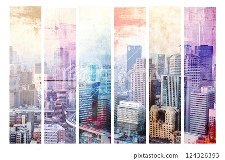 Set of banners with old paper texture and skyscrapers. Collection of grunge retro banner with urban scene. Vintage backdrops set with metropolis. Multifaceted perspective on cityscape concept 124326393