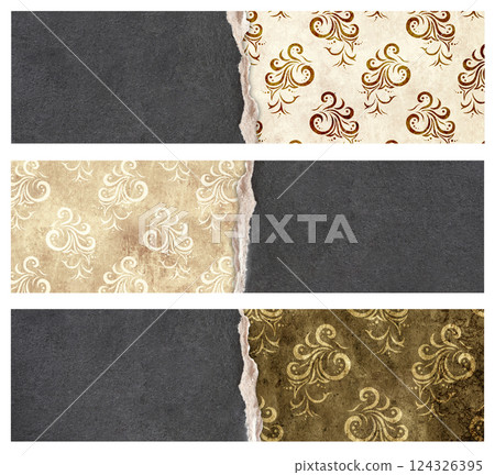 Set of eye-catching vertical or horizontal banner, background, flyer, placard with torn paper texture and floral pattern. Collection of tags, labels or posters templates with floral motifs Set of eye-catching vertical or horizontal banner, background, flyer, placard with torn paper texture and floral pattern. Collection of tags, labels or posters templates with floral motifs 124326395