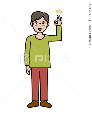 一位知識青年男子的全身插圖，做出「OK」手勢以表示理解 124326425