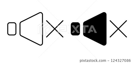 Linear icon. Musical speakers with crossed out disabled symbol. Volume noise level control. Simple black and white vector isolated on white background 124327086