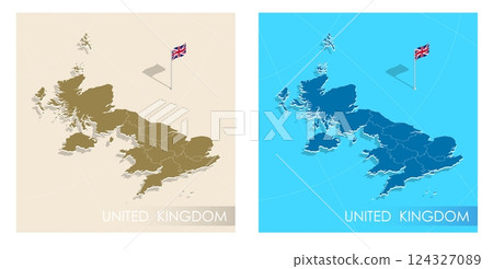 UK country flag installed on geographic positioning map point of country territory. British commonwealth banner on land and sea. Festive patriotic HD format template for independence day UK country flag installed on geographic positioning map point of country territory. British commonwealth banner on land and sea. Festive patriotic HD format template for independence day 124327089