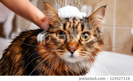 A cat being shampooed (AI-generated image) 124327118