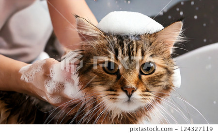 A cat being shampooed (AI-generated image) 124327119