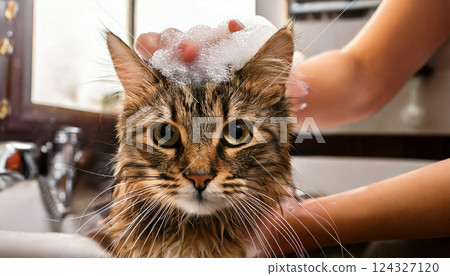 A cat being shampooed (AI-generated image) 124327120
