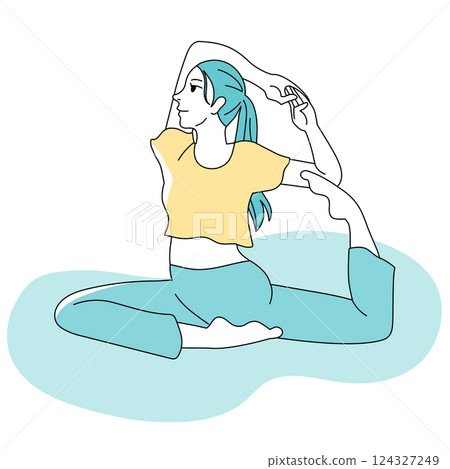 Woman doing yoga pigeon pose Woman doing yoga pigeon pose 124327249