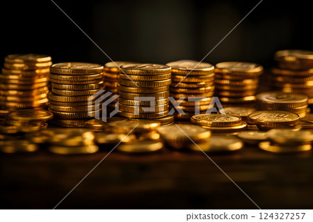 Macro photo of a pile of gold coins, golden coins as a symbol of wealth and success 124327257