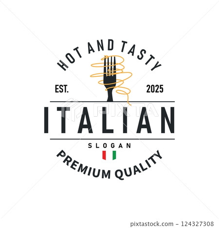 spaghetti logo design Italian noodle food with delicious taste with a simple minimalist concept, vintage illustration of a product brand template spaghetti logo design Italian noodle food with delicious taste with a simple minimalist concept, vintage illustration of a product brand template 124327308