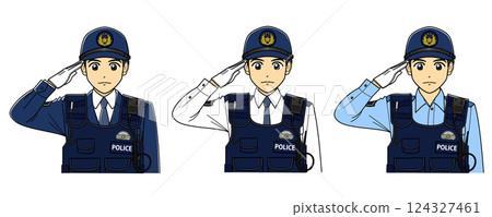 三名身穿防刺背心、頭戴軍帽的男警敬禮 124327461