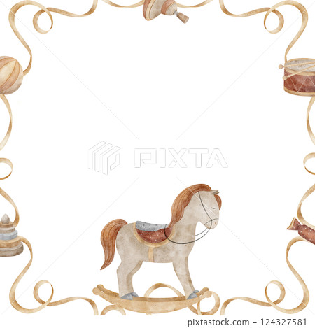 Watercolor children's frame of ribbon, vintage toys. Illustration horse swing, drum, pyramid, top, candy in cartoon style. Square template copy space for design children's parties, invitations, cards 124327581