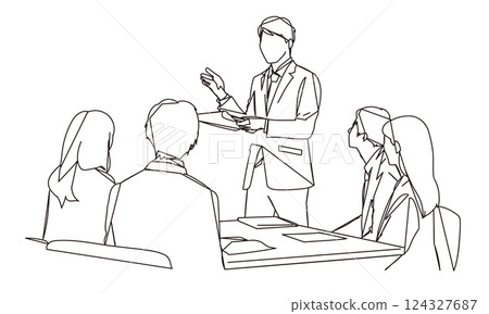 Line drawing illustration of a business meeting scene 124327687