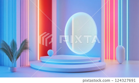 Circular objects and plants in a futuristic space with bright blue and red décor 124327691