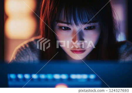 The upper body of a Japanese woman in her 20s or 30s concentrating on a computer screen The upper body of a Japanese woman in her 20s or 30s concentrating on a computer screen 124327693