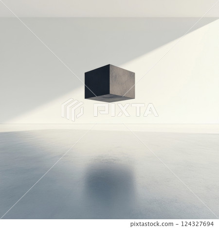 漂浮的黑色立方體在白色牆壁和地板上格外顯眼的空間 漂浮的黑色立方體在白色牆壁和地板上格外顯眼的空間 124327694