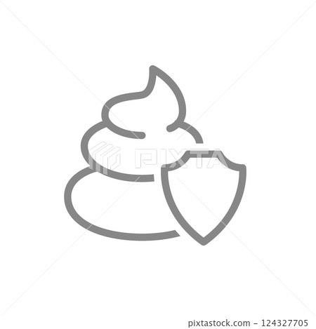 Poop with a shield line icon. Pile of shit protection symbol. Vector illustration. 124327705