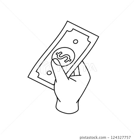 A hand holding a dollar cash outline symbol. Business and finance. Vector illustration. 124327757