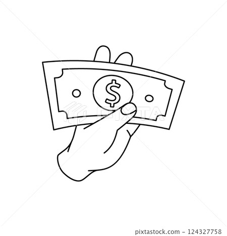 A hand holding a dollar bill outline symbol. Business and finance. Vector illustration. 124327758