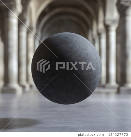 古老拱廊中的靜謐空間，黑色球體漂浮其中 124327770
