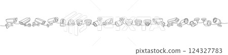 CCTV cameras one line continuous drawing. Security home protection system. Vector illustration. CCTV cameras one line continuous drawing. Security home protection system. Vector illustration. 124327783