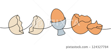 Chicken eggs one line colored continuous drawing. Boiled eggs, broken eggshell, omelette, protein and yolk. Vector illustration Chicken eggs one line colored continuous drawing. Boiled eggs, broken eggshell, omelette, protein and yolk. Vector illustration 124327784
