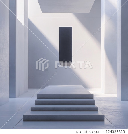 A striking contemporary art space design featuring a black cube floating in a white space 124327823