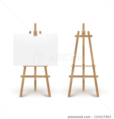 Wooden Easel with Blank Canvas and Empty Stand. Vector 124327901