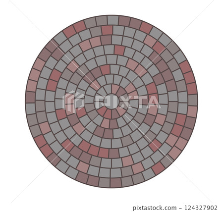 Paved circle pattern tile. Circular brick mosaic. Round radial stone pavement. Paving tile simple floor texture. Red stones. Vector illustration isolated on white background 124327902