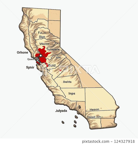 Map of California showing San Francisco Bay Area highlighted with red dots. Suitable for travel blogs, geography lessons, and regional guides. Map of California showing San Francisco Bay Area highlighted with red dots. Suitable for travel blogs, geography lessons, and regional guides. 124327918