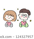 Smiling men and women holding hearts 124327957